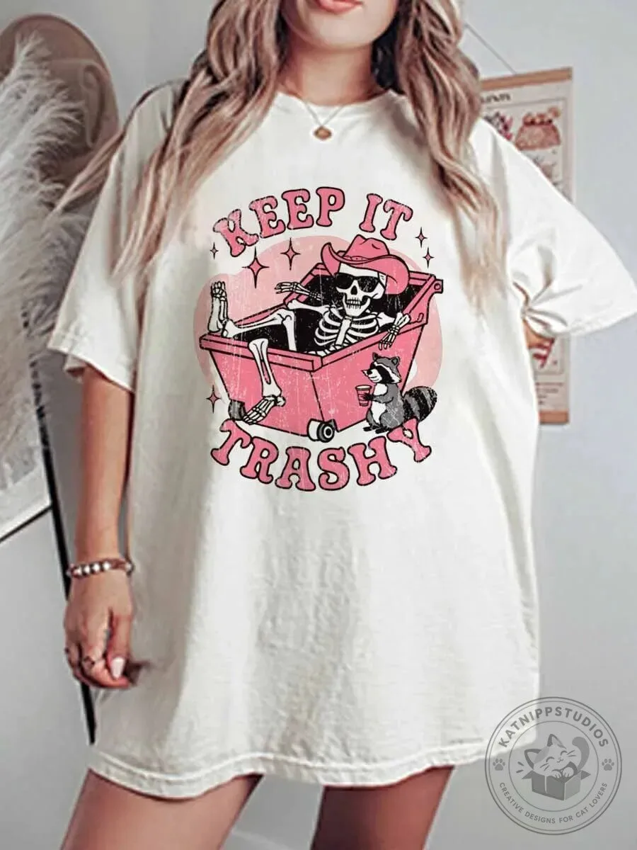 Vintage Keep It Trashy Skeleton Cowboy Raccoon Graphic Oversized T-Shirt