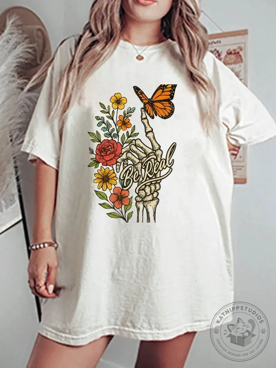 Be Real Skeleton Hand Butterfly Floral Graphic Oversized T-Shirt