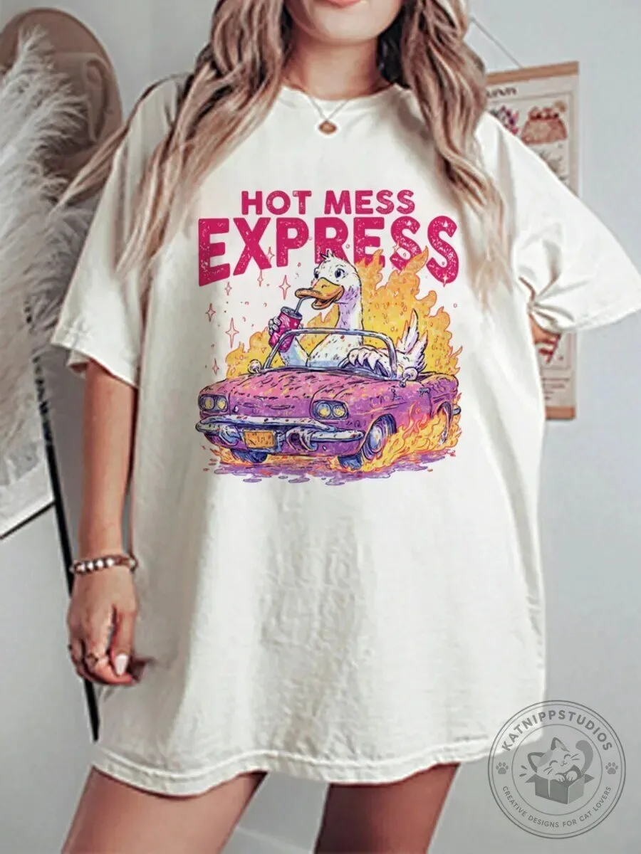 Hot Mess Express Duck Driving Burning Car Funny Vintage Graphic T-Shirt
