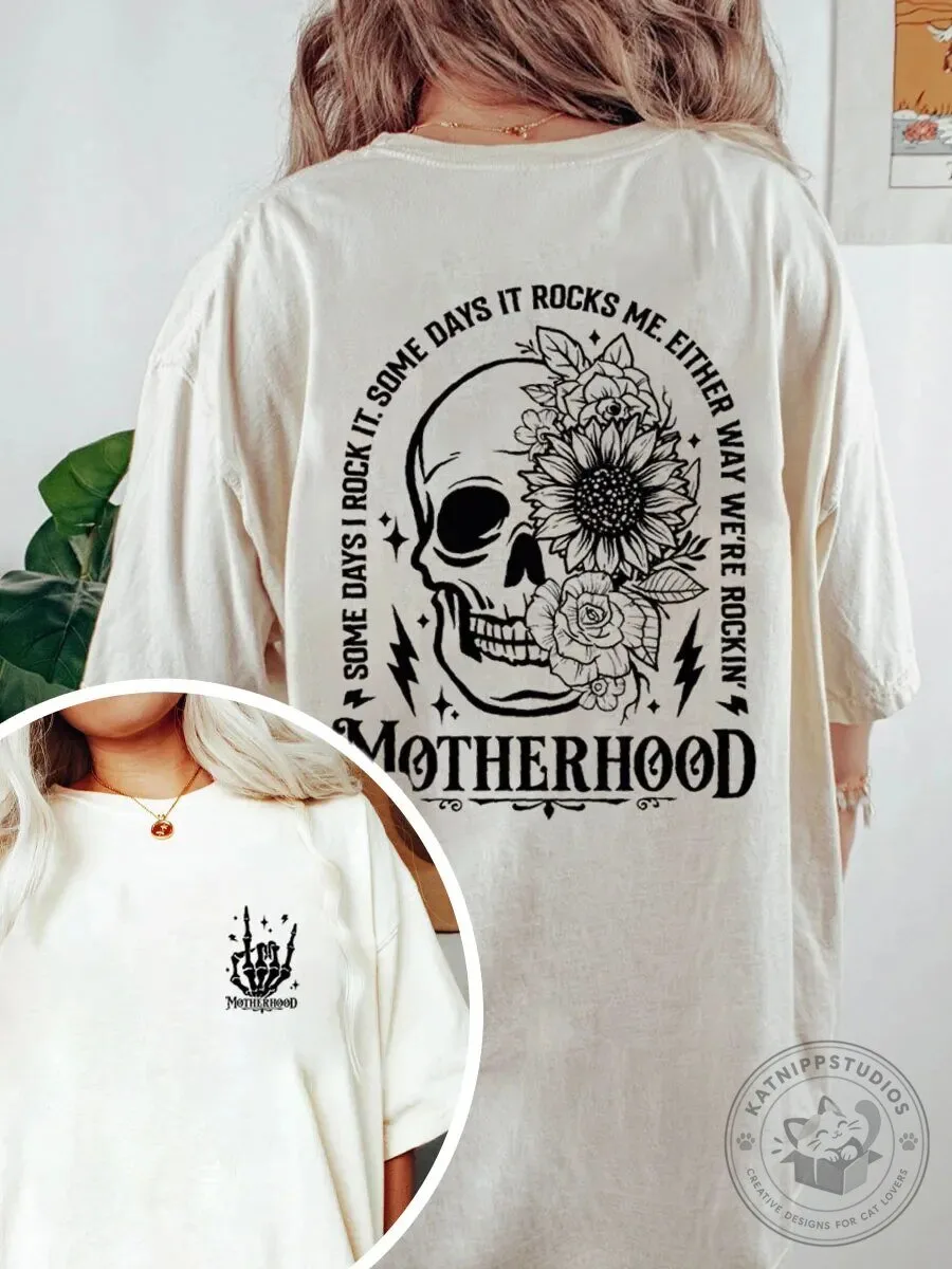 Motherhood Skeleton Rock and Roll Floral Skull Graphic T-Shirt