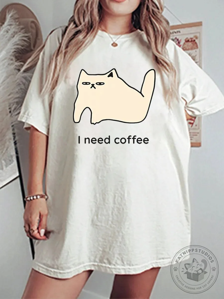 Funny Cat I Need Coffee Graphic Oversized T-Shirt